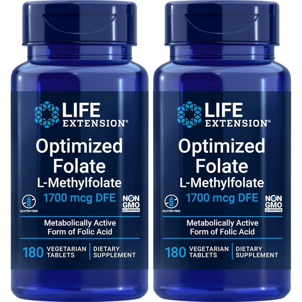Life Extension Optimized Folate 1700mcg DFE active 5-MTHF 180 vegetarian tablets front view bottle packaging