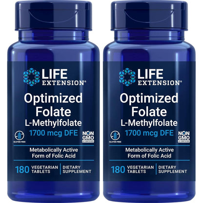 Life Extension Optimized Folate 1700mcg DFE active 5-MTHF 180 vegetarian tablets front view bottle packaging