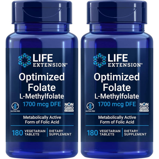Life Extension Optimized Folate 1700mcg DFE active 5-MTHF 180 vegetarian tablets front view bottle packaging