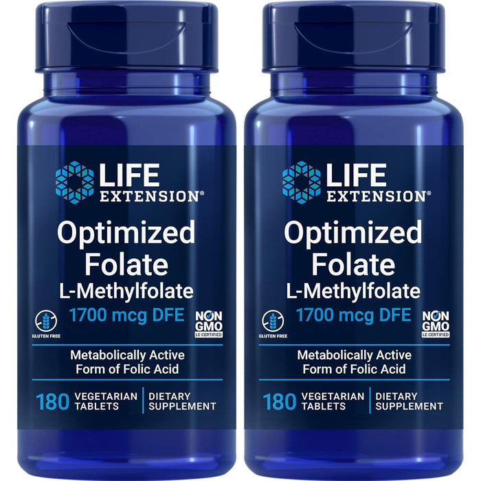 Life Extension Optimized Folate 1700mcg DFE active 5-MTHF 180 vegetarian tablets front view bottle packaging