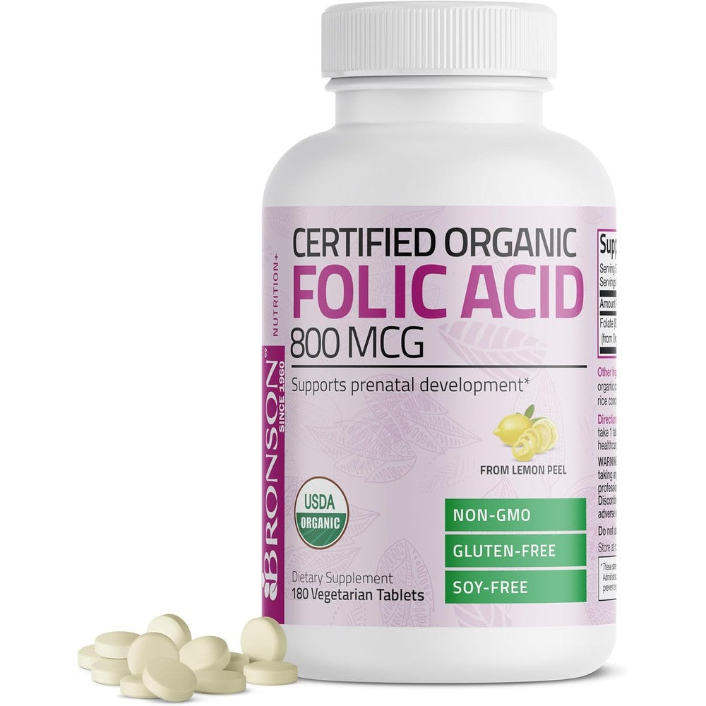 Bronson Organic Folic Acid 800mcg front bottle view premium prenatal supplement