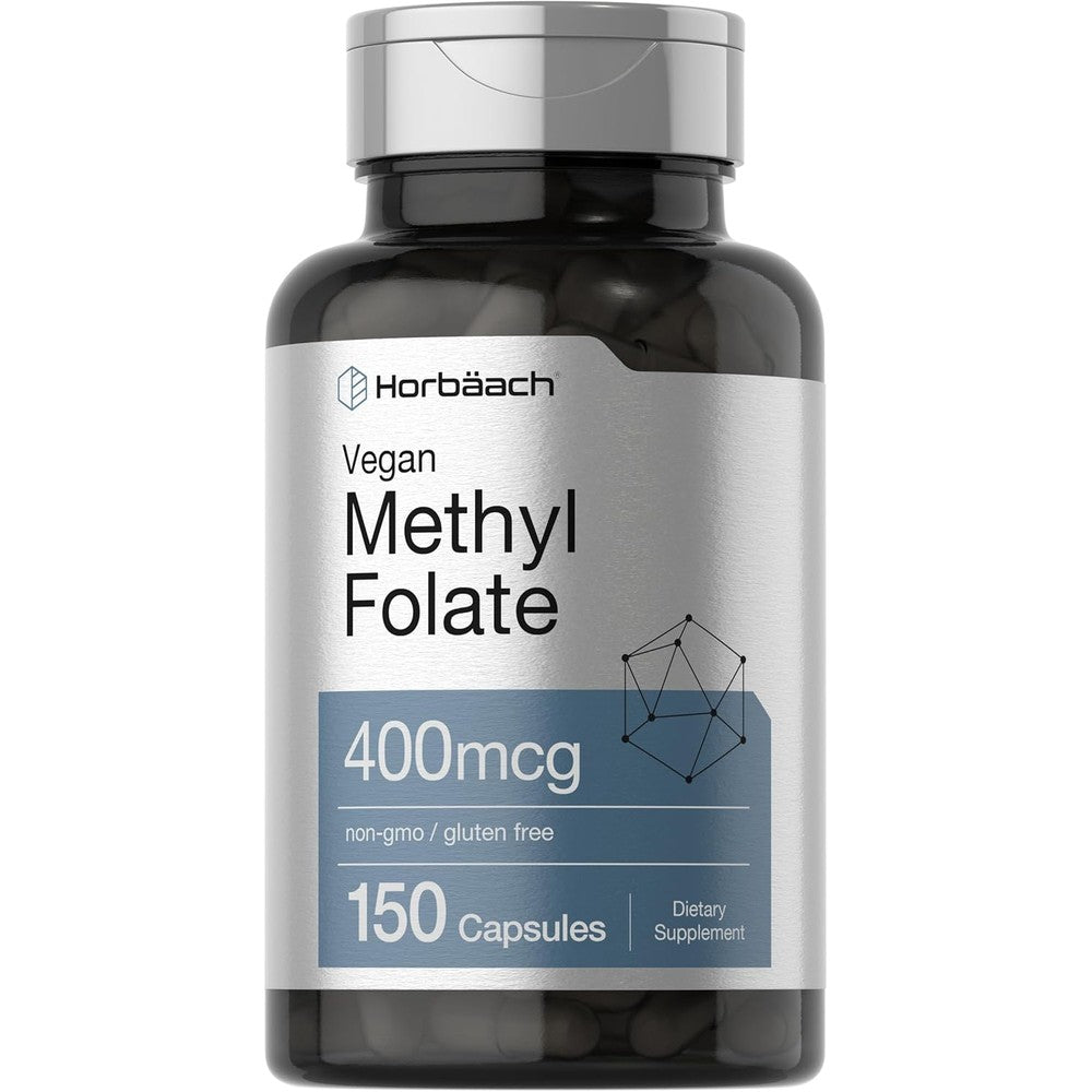 Horbäach Methyl Folate 400 Micrograms supplement bottle front view for premium Vitamin B9 intake.