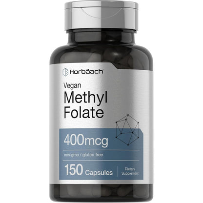 Horbäach Methyl Folate 400 Micrograms supplement bottle front view for premium Vitamin B9 intake.