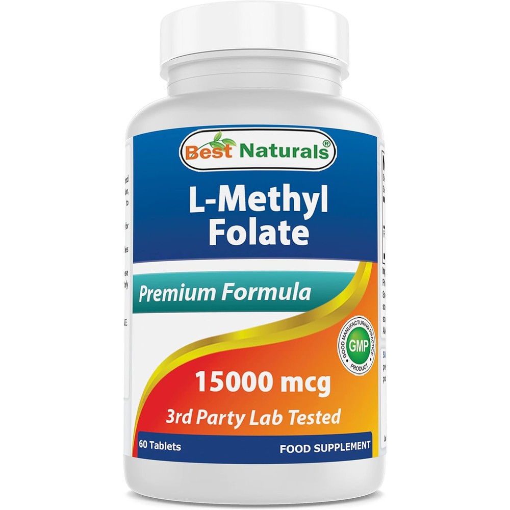 Best Naturals Methyl Folate 15 Milligrams 60 Tablets front bottle view showing premium active 5-MTHF vitamin B9 supplement