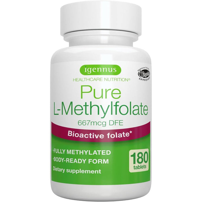 Igennus Healthcare Nutrition Pure Methyl Folate 400mcg bottle front view showing clean label active folate supplement