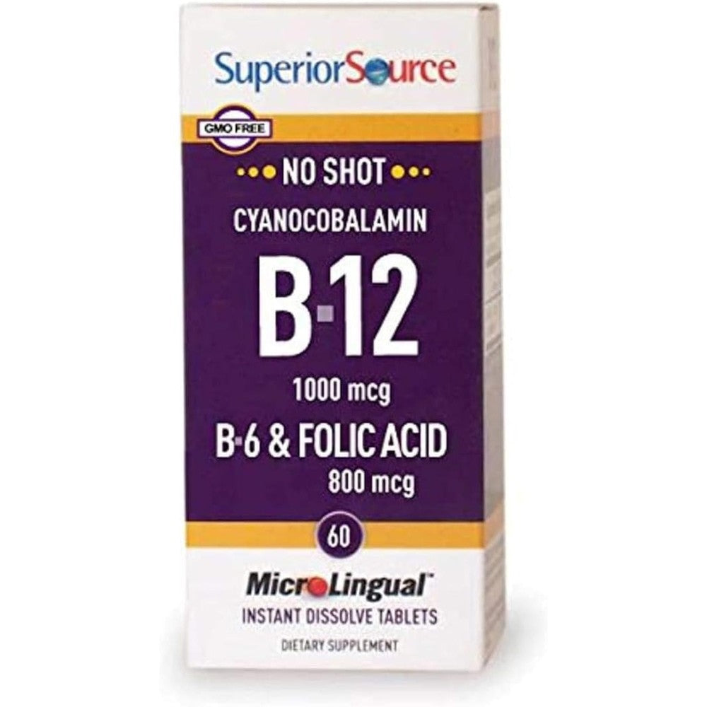 Superior Source Vitamin B12 Cyanocobalamin 1000mcg front view bottle showing 60 sublingual tablets label