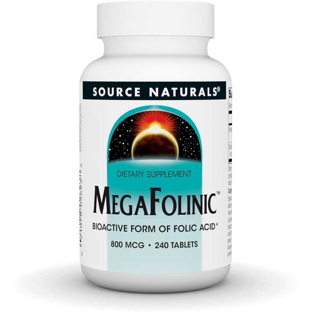 Source Naturals MegaFolinic 800 mcg 240 tablets front bottle view showing authentic bioactive folate labels