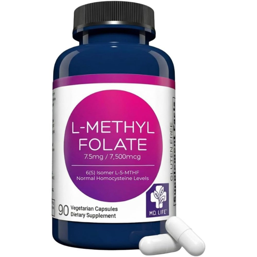 MD.LIFE L Methylfolate 7.5 Milligrams bottle front view showing product strength and ninety vegan capsules label.