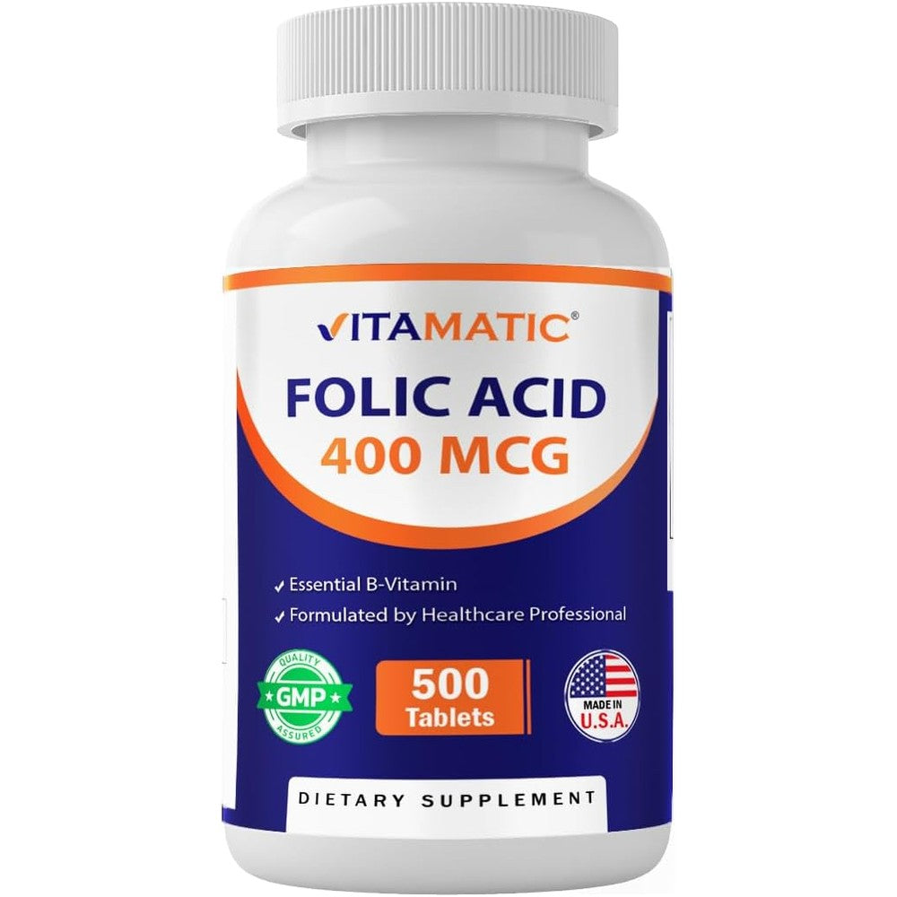 Vitamatic Folic Acid 400mcg prenatal supplement bottle front view