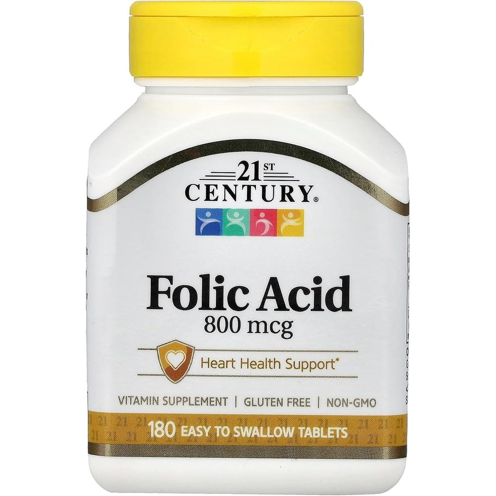 21st Century Folic Acid 800 mcg 180 tablets front view bottle packaging