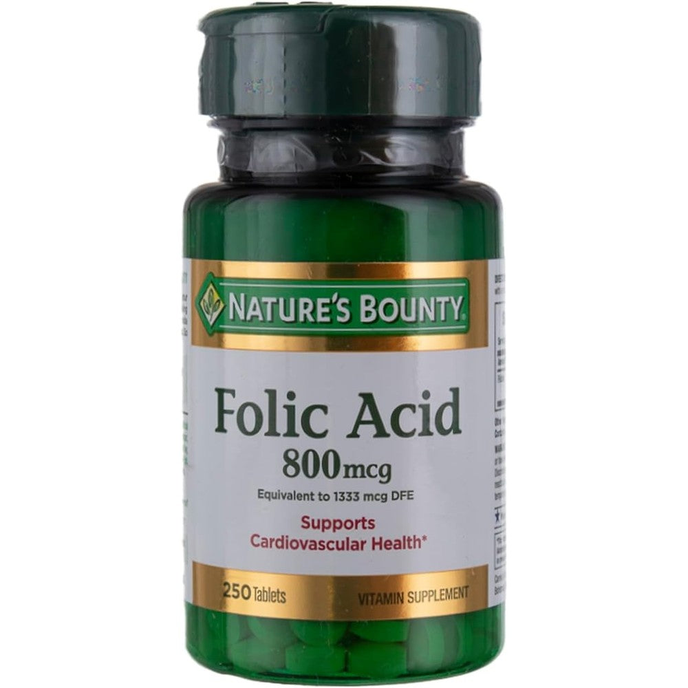 Nature's Bounty Folic Acid 800 mcg 250 Tablets front view bottle