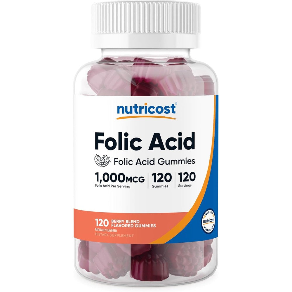 Nutricost Folic Acid Vitamin B9 Vegetarian Gummies 120 count bottle front view for daily health routine.