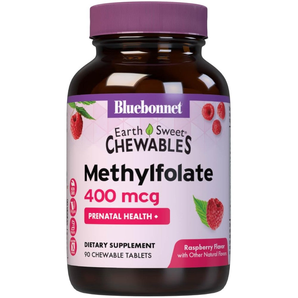 Bluebonnet EarthSweet Methylfolate 400 mcg 90 Chewable Tablets front bottle packaging view.