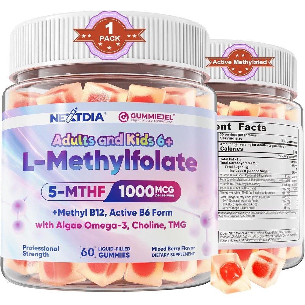 Nextdia L Methylfolate 1000mcg and B12 Gummies 60 count front view showing mixed berry flavor packaging.