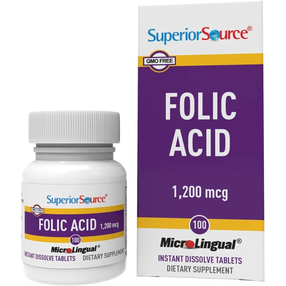 Superior Source Folic Acid 1200mcg Sublingual 100 Tablets front view showing instant dissolve packaging