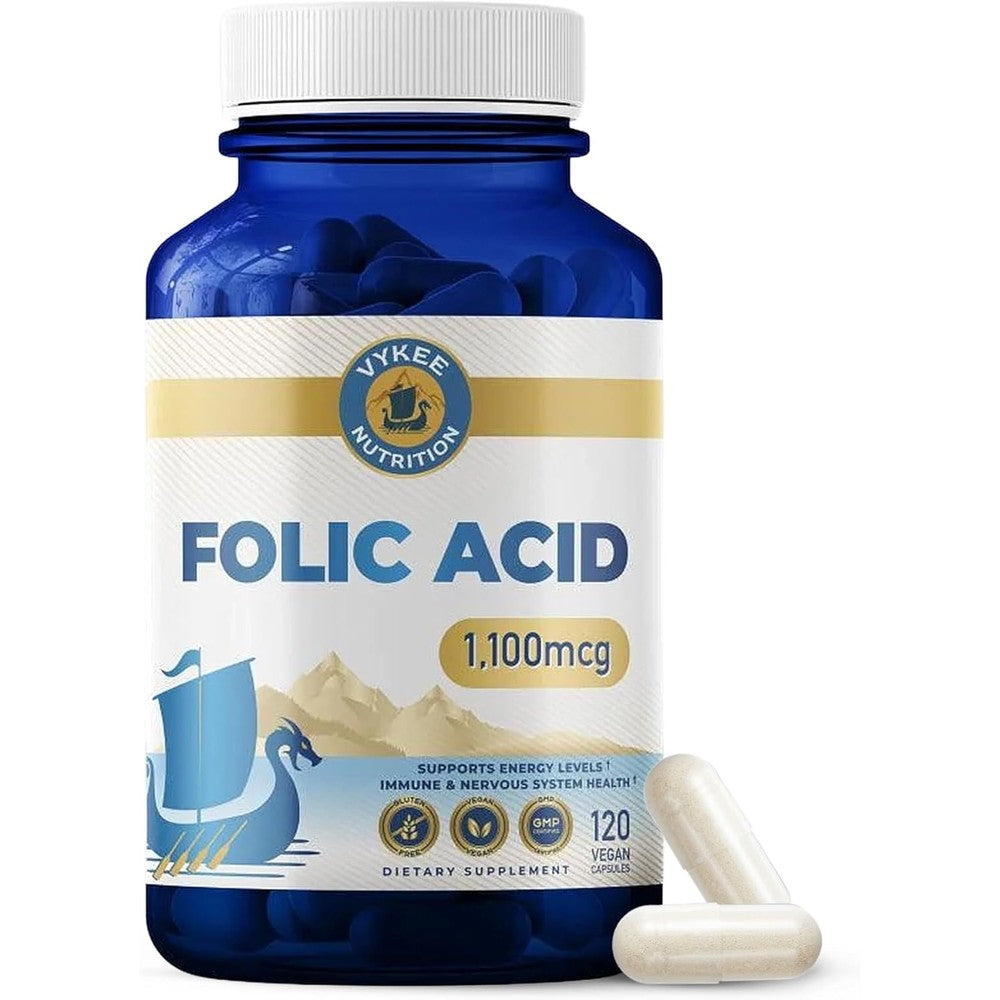 Vykee Nutrition Folic Acid 1100 mcg capsules front view bottle for prenatal support