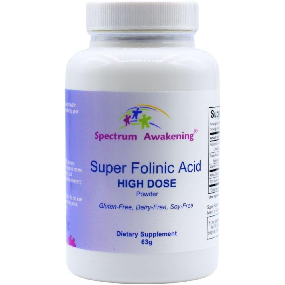 Spectrum Awakening Super Folinic Acid High Dose Powder front view of 63 grams jar for speech support