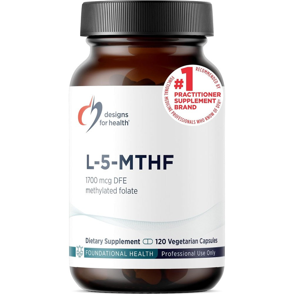 Designs for Health L 5-MTHF 120 capsules front view bottle showing active folate supplement label