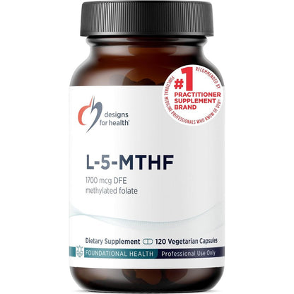 Designs for Health L 5-MTHF 120 capsules front view bottle showing active folate supplement label