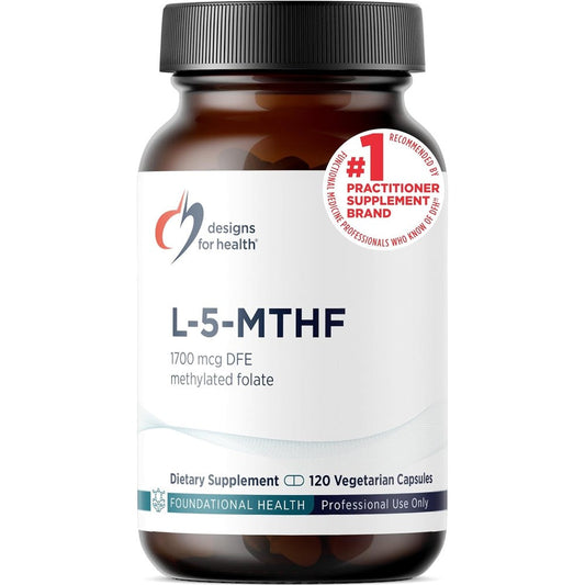 Designs for Health L 5-MTHF 120 capsules front view bottle showing active folate supplement label