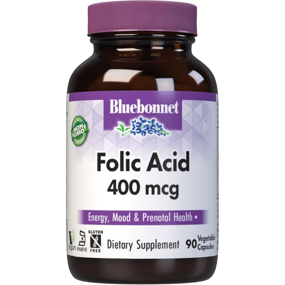 Bluebonnet Nutrition Folic Acid 400 Micrograms front bottle view showing 90 vegetable capsules prenatal health supplement