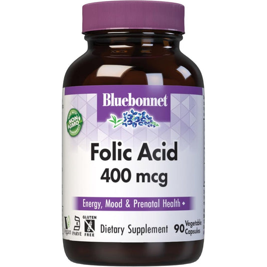 Bluebonnet Nutrition Folic Acid 400 Micrograms front bottle view showing 90 vegetable capsules prenatal health supplement