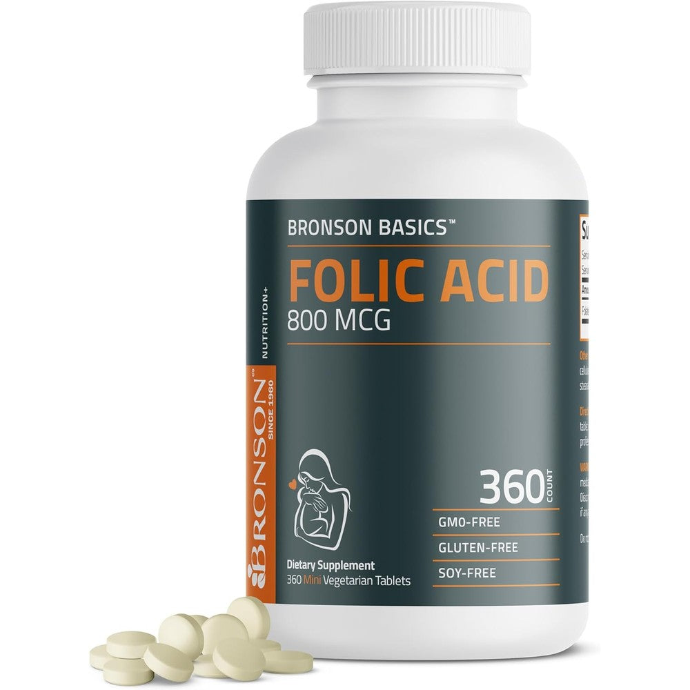 Bronson Folic Acid 800mcg 360 mini vegetarian tablets front bottle view