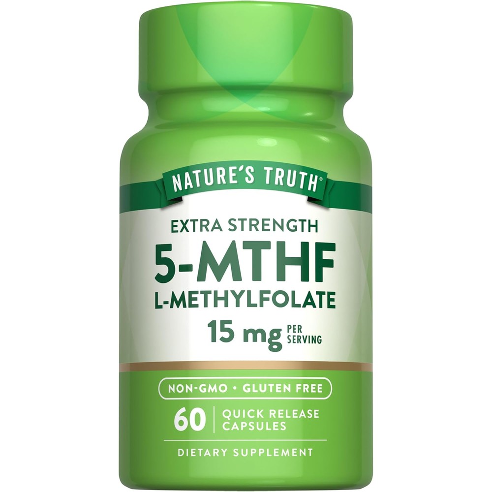 Nature's Truth Extra Strength L-Methylfolate 15mg front bottle view showing 60 quick release capsules layout