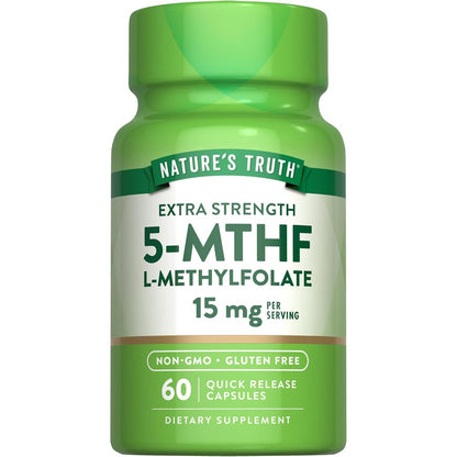 Nature's Truth Extra Strength L-Methylfolate 15mg front bottle view showing 60 quick release capsules layout