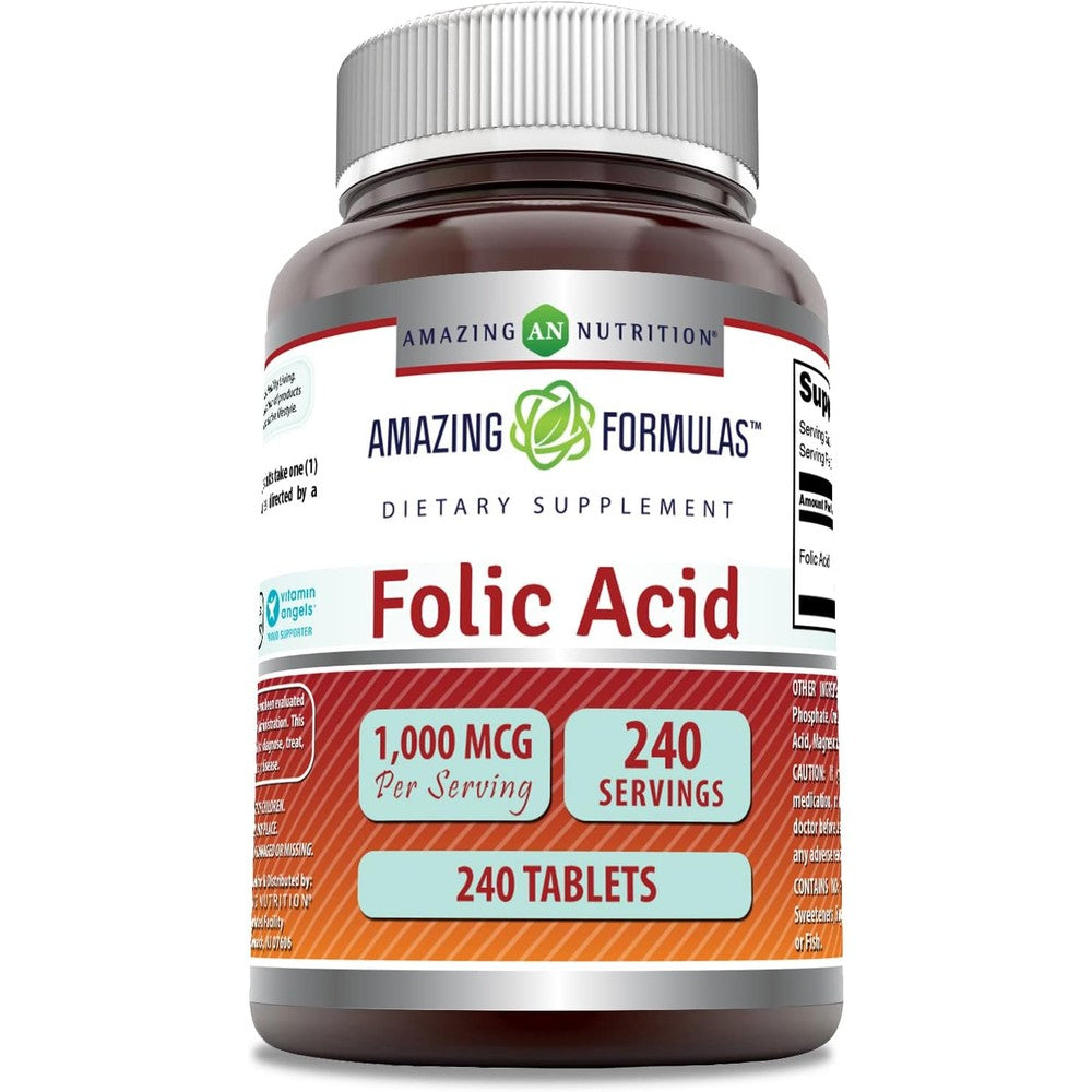 Amazing Nutrition Amazing Formulas Folic Acid 1000mcg 240 tablets front bottle view