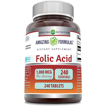 Amazing Nutrition Amazing Formulas Folic Acid 1000mcg 240 tablets front bottle view
