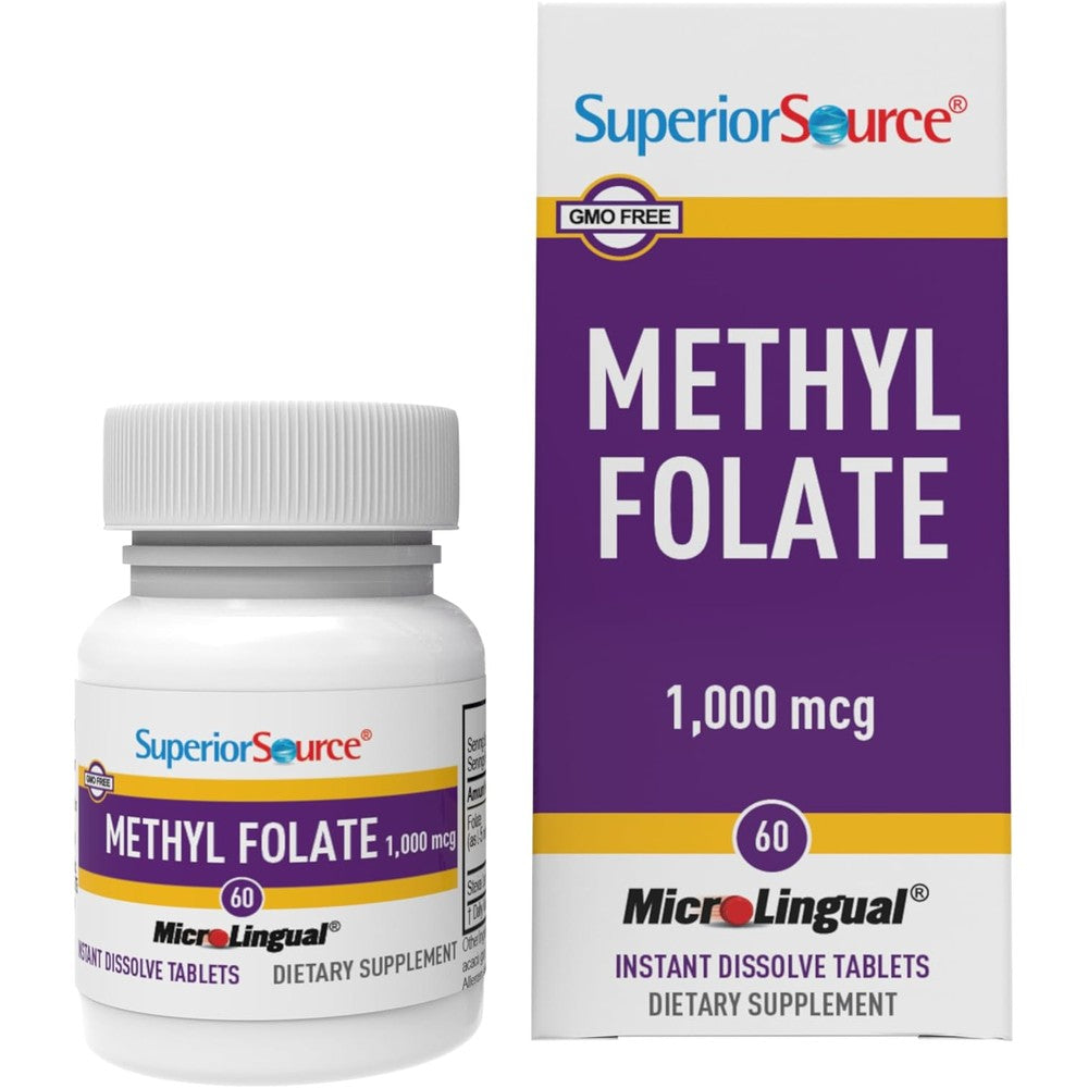 Superior Source Methyl Folate 1000 Micrograms bottle front view showcasing premium active vitamin B9 supplement.