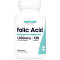 Nutricost Folic Acid for Women 1200mcg 120 vegetarian capsules front view bottle