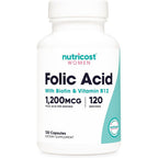 Nutricost Folic Acid for Women 1200mcg 120 vegetarian capsules front view bottle