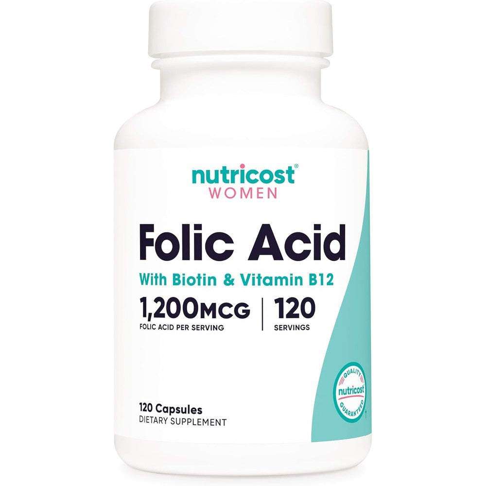 Nutricost Folic Acid for Women 1200mcg 120 vegetarian capsules front view bottle