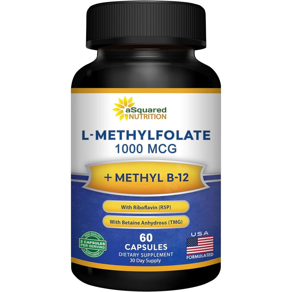 aSquared Nutrition L Methylfolate Plus Methyl B12 front label view showing 60 vegan capsules