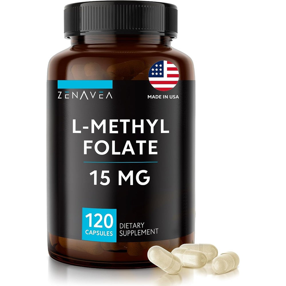 Zenavea L Methylfolate 15mg front view bottle of vegan capsules vitamin supplement