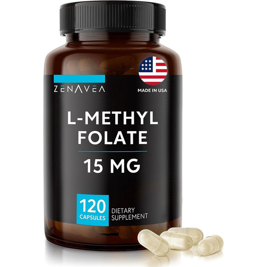 Zenavea L Methylfolate 15mg front view bottle of vegan capsules vitamin supplement
