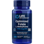 Life Extension Optimized Folate 1700 mcg bottle front view showing the active L-Methylfolate dietary supplement.