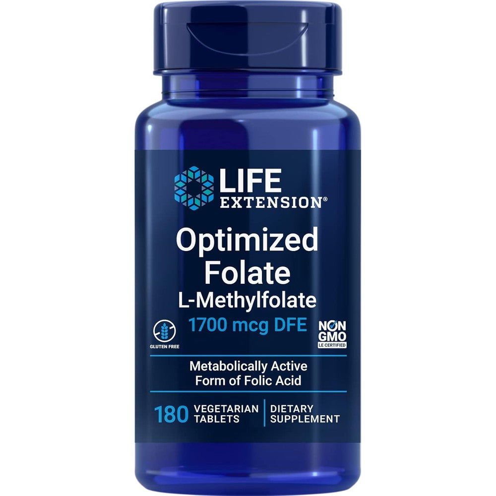 Life Extension Optimized Folate 1700 mcg bottle front view showing the active L-Methylfolate dietary supplement.
