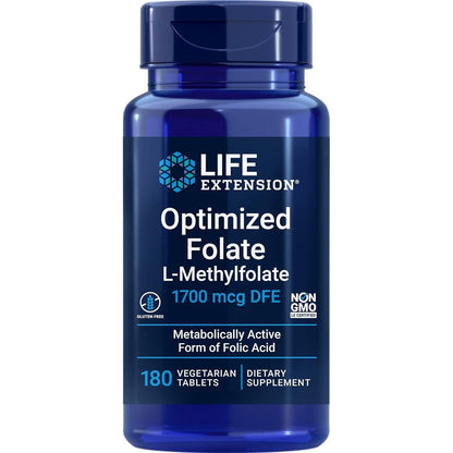 Life Extension Optimized Folate 1700 mcg bottle front view showing the active L-Methylfolate dietary supplement.