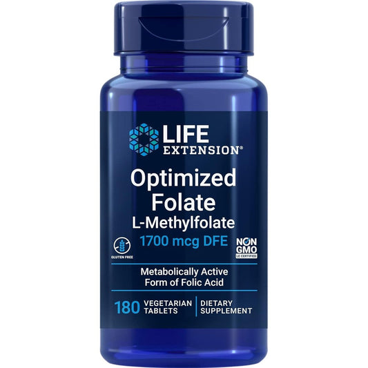 Life Extension Optimized Folate 1700 mcg bottle front view showing the active L-Methylfolate dietary supplement.