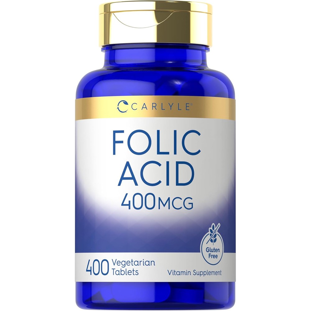 Carlyle Folic Acid 400 Micrograms front view bottle of prenatal vitamin B9 supplement
