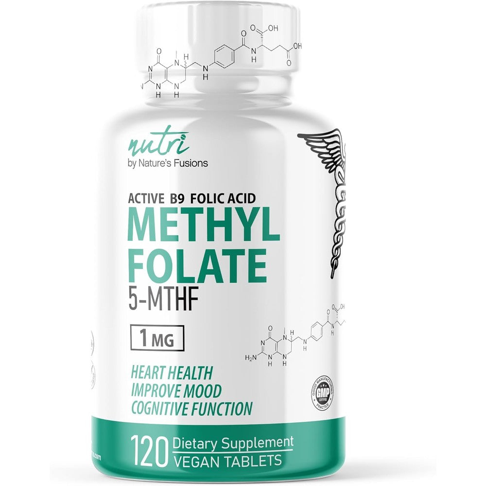 Nature's Fusions Nutri 5 MTHF L Methylfolate 1mg front view of the premium dietary supplement bottle showing 120 vegan tablets label.