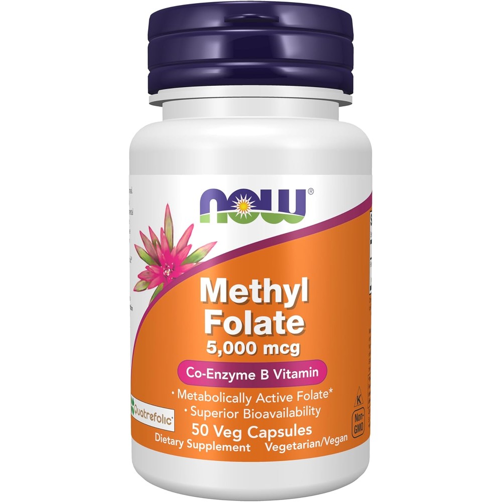 NOW Foods Methyl Folate 5000 mcg bottle front view showing active folate supplement labels