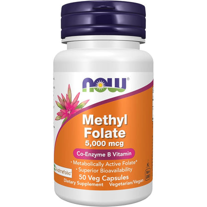 NOW Foods Methyl Folate 5000 mcg bottle front view showing active folate supplement labels