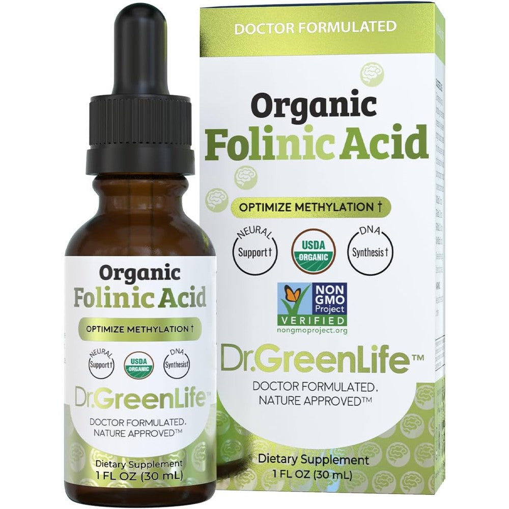 Dr. Green Mom USDA Organic Folinic Acid Drops front bottle view for methylation support
