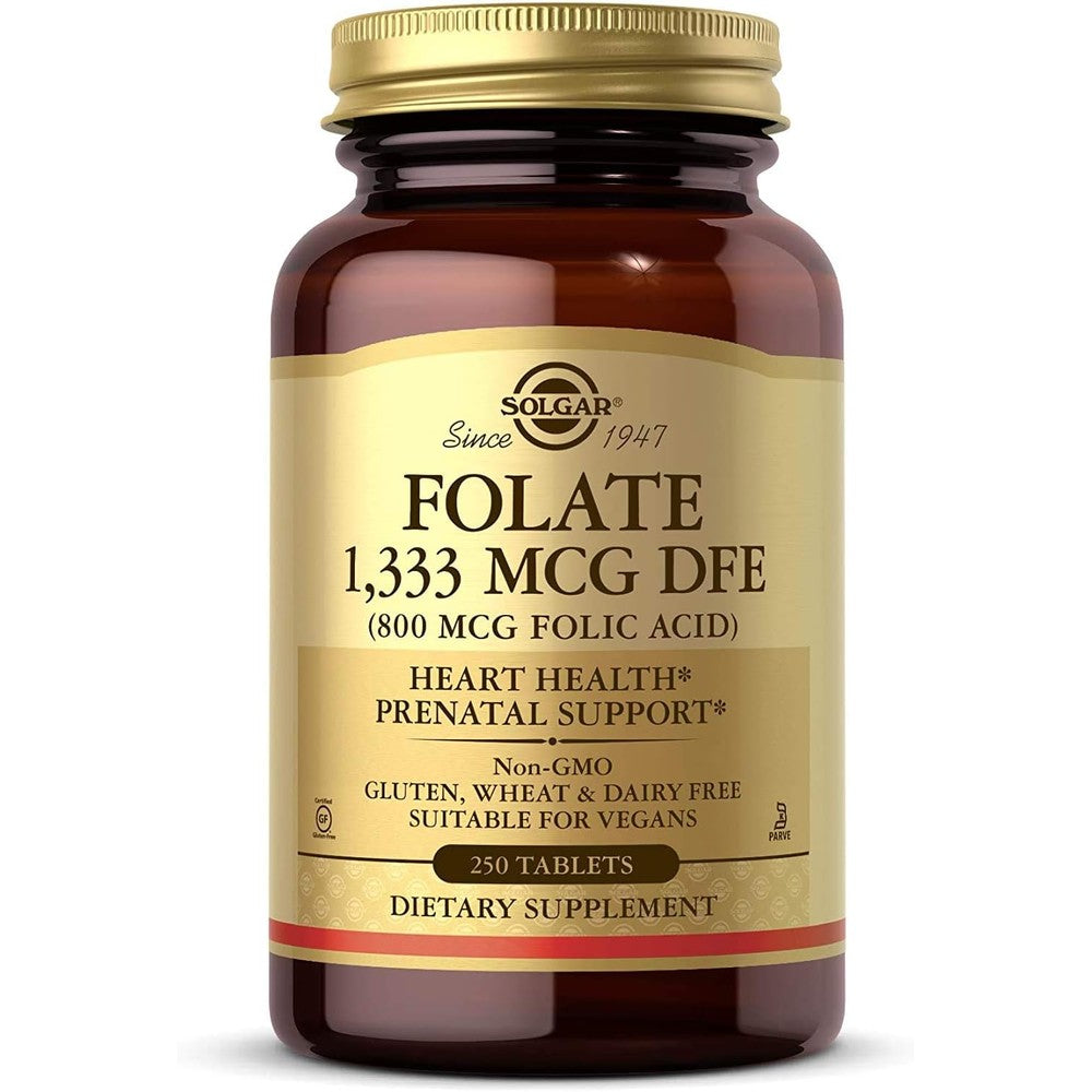 Solgar Folate 1333 MCG 250 Tablets front view bottle for prenatal support.