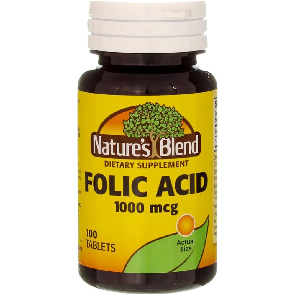 Nature's Blend Folic Acid 1000mcg front view of the 100 tablets dietary supplement bottle.