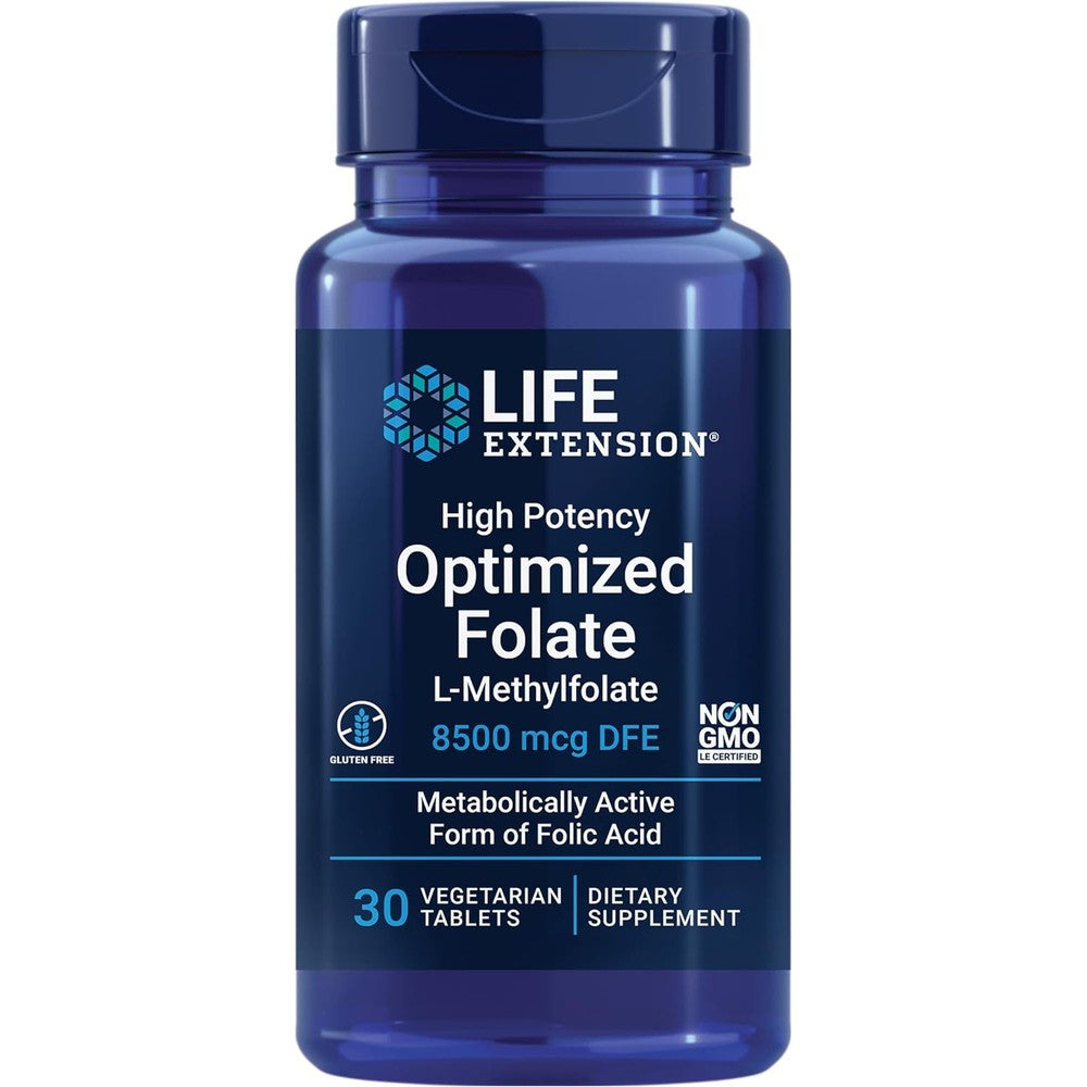 Life Extension High Potency Optimized Folate 8500 mcg front view bottle